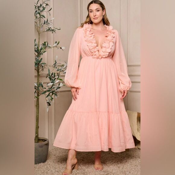 Dresses & Skirts - Pre-order PLUS SIZE LONG SLEEVE V-NECK RUFFLE BACK TIE MAXI DRESS